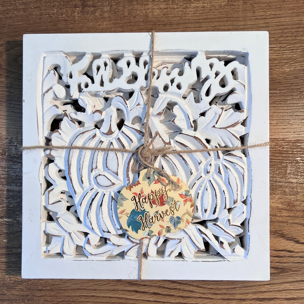 White Decorative Pumpkin Fall Blessings Distressed Wood Trivets Set of‎ Two